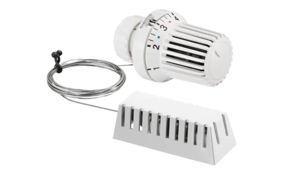 Oventrop-Thermostat mit verstellbarem Regler und Fernfühler. Verbindung mit Draht. Geeignet zur Temperatureinstellung in Heizsystemen.